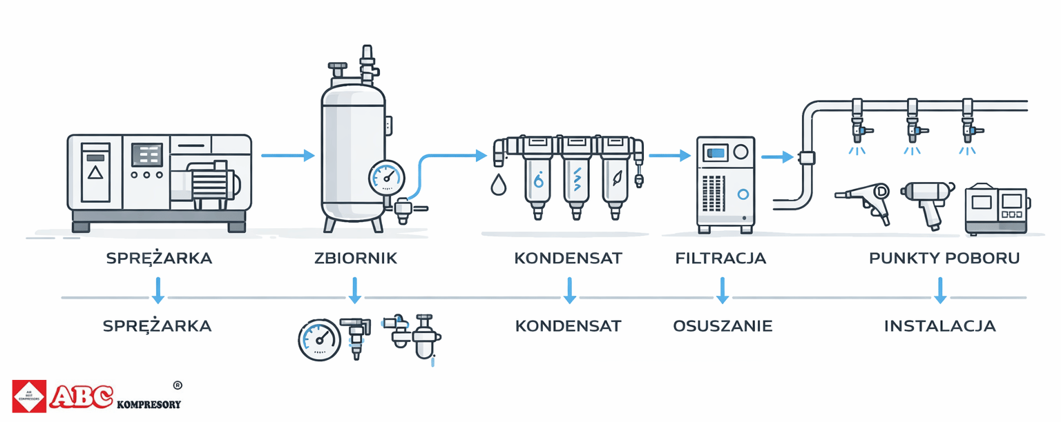 Schemat instalacji sprężonego powietrza: sprężarka → zbiornik ciśnieniowy do kompresora → filtracja i osuszanie → instalacja → punkty poboru.